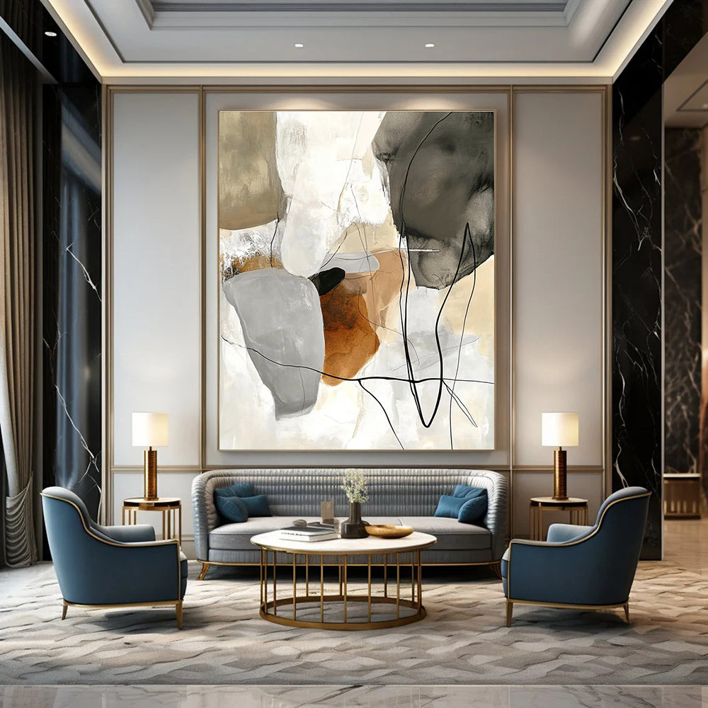 Large abstract painting featuring soft lines and shapes in beige tones with collage elements of black wires and organic textures in dark brown and light gray.STSC798