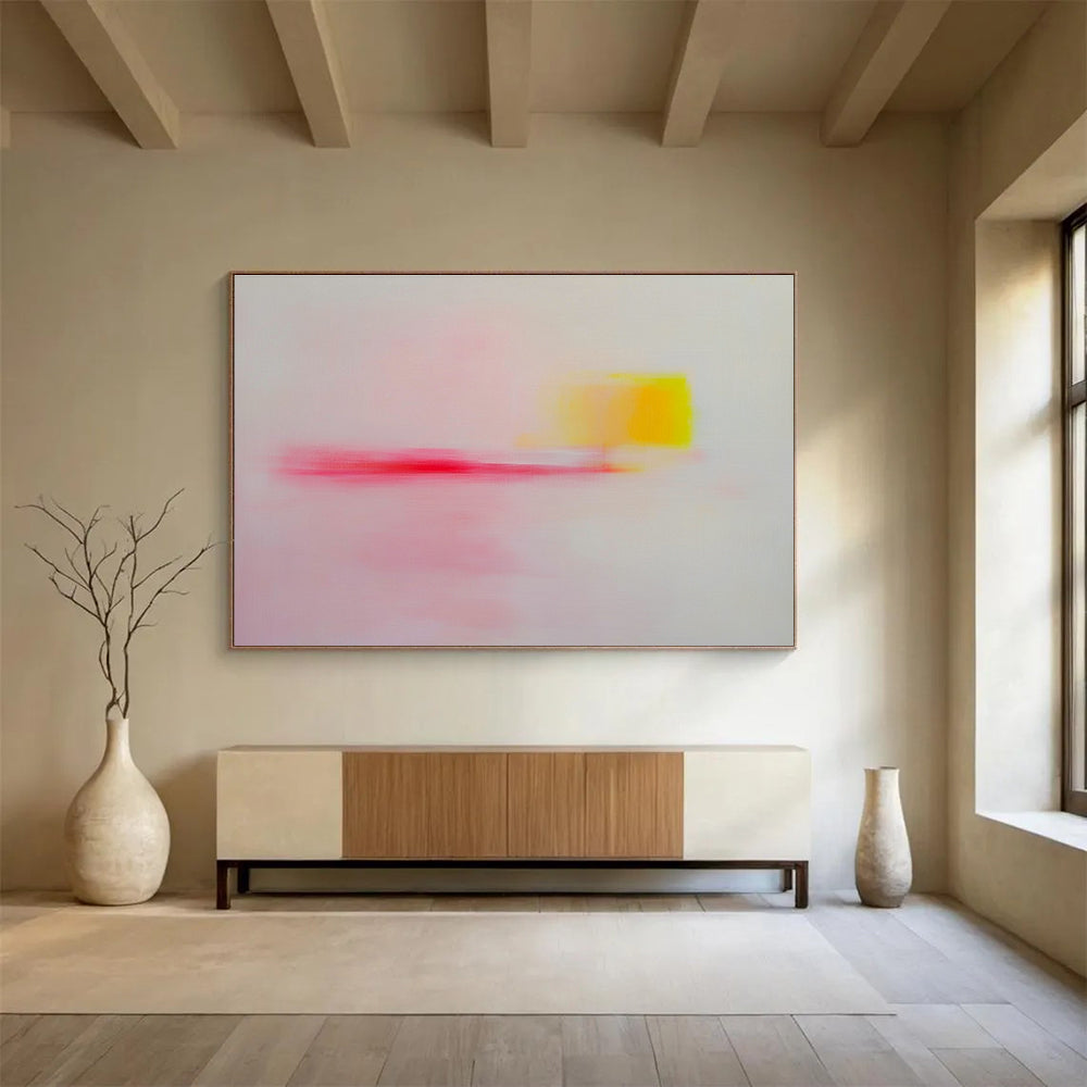 Large abstract painting with pink yellow and red soft edges on white background, emotional minimalism creating a tranquil joyful atmosphere.SC251