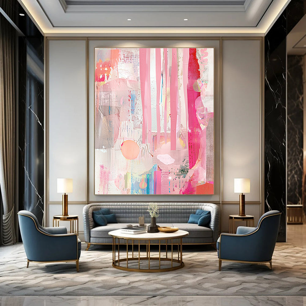 A large abstract collage featuring pink curtains and a window, adorned with soft pastel colors and minimalistic interior design details.STSC1232