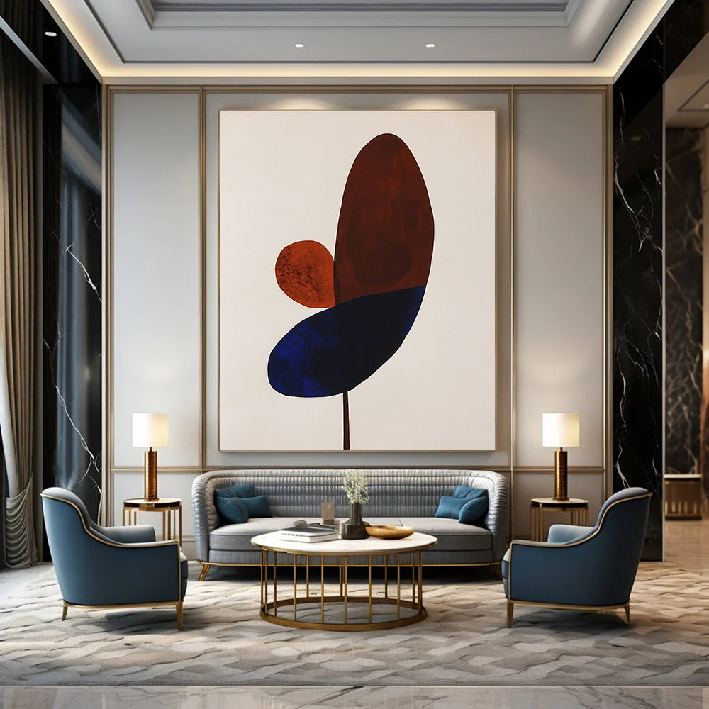 Large abstract painting featuring simple brown and blue petals on a white background perfect for modern decor.STSC1059