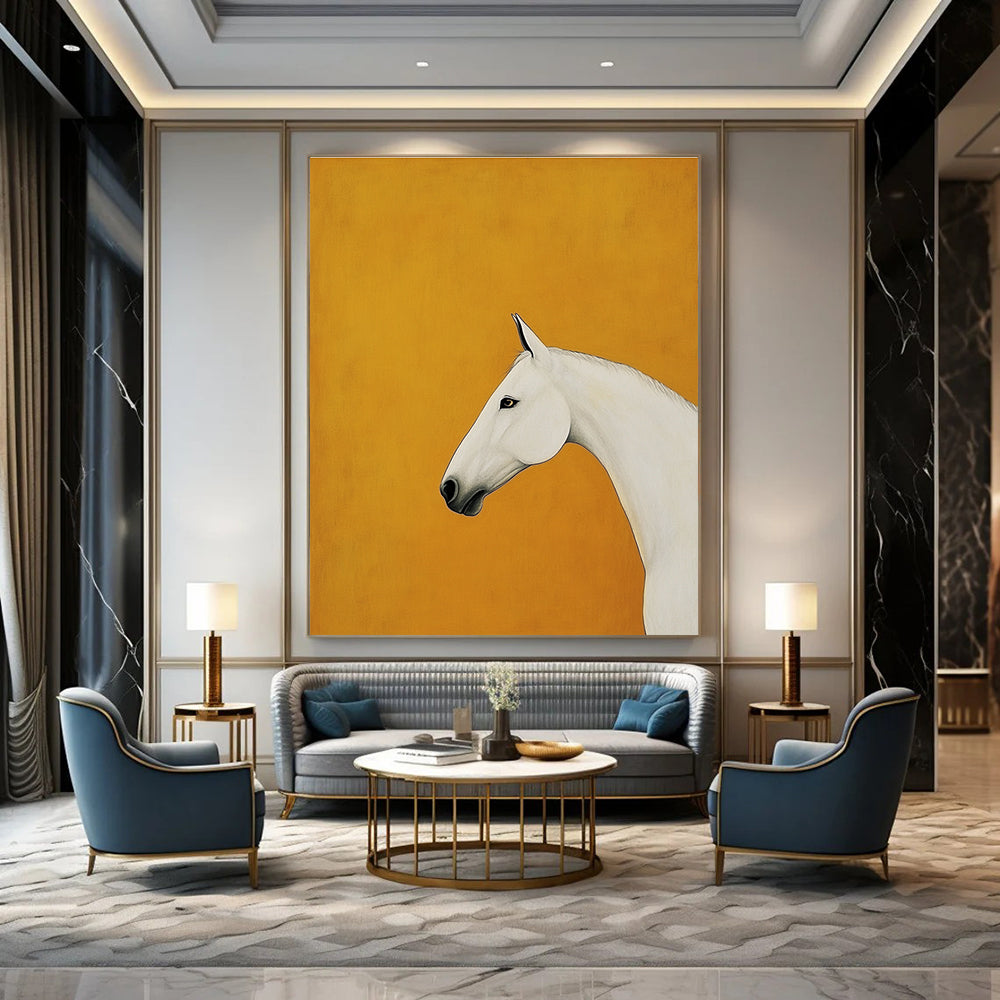 A large abstract painting featuring a minimalist white horse in profile against an orange background inspired by Kazumasa Nagai and Egon Schiele.STSC1348