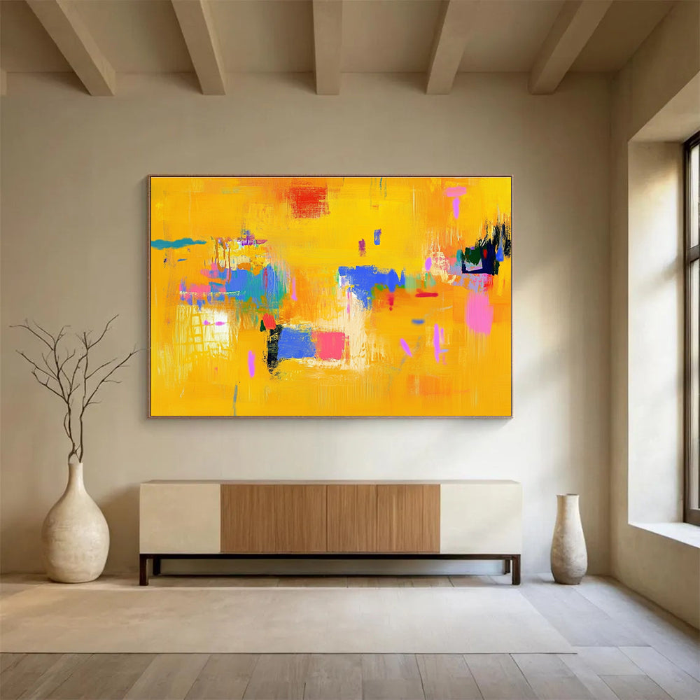 Bright Yellow Abstract Painting with Colorful Accents DYP306