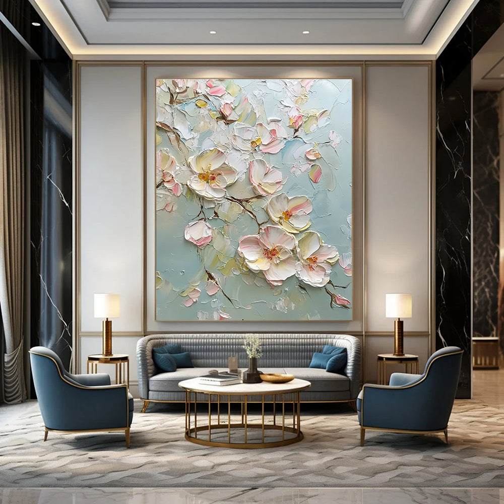 Large abstract painting featuring delicate light pink and white flowers with impasto texture creating a dreamy romantic atmosphere and vibrant colors.STSC1371