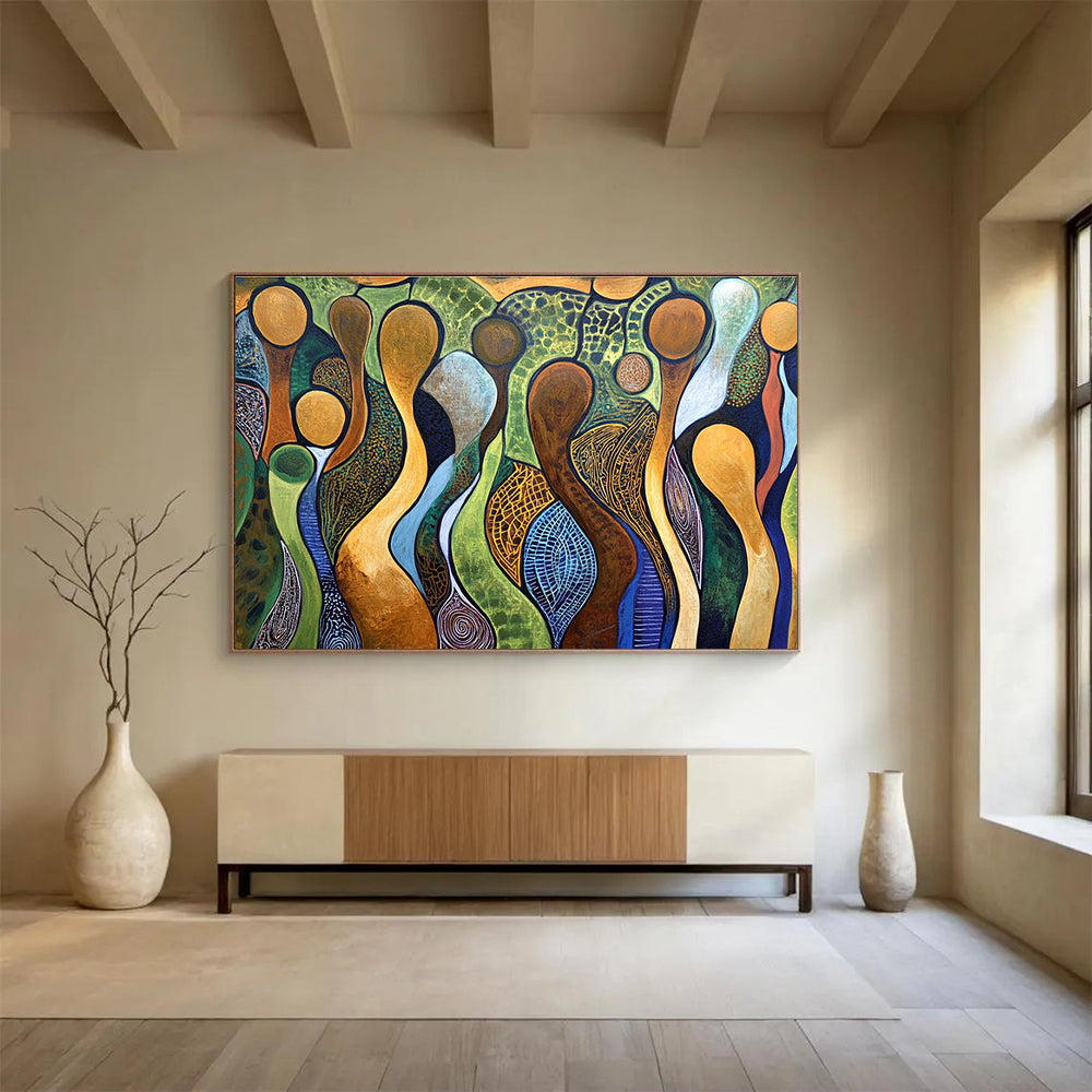 A large abstract painting featuring interlaced human figures in brown outlines against a vibrant background of greens, blues, and earthy whites with ocher yellow gems.SC582