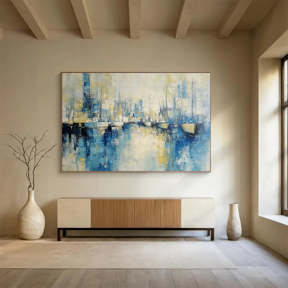 Abstract Harbor Scene Painting with Blue and Yellow Tones DYP513