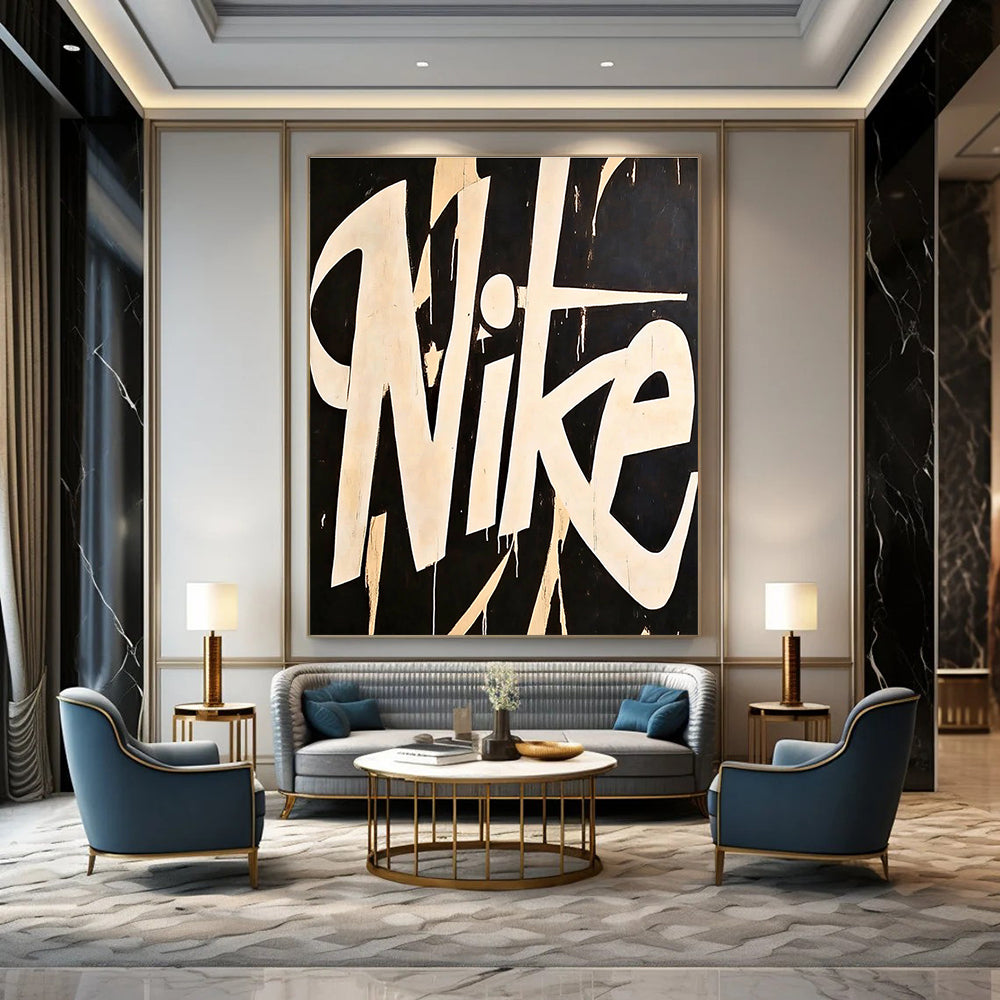 A large abstract painting featuring the word Nike in white on a black background inspired by Matisse and Sciotti with minimalist design.STSC1139