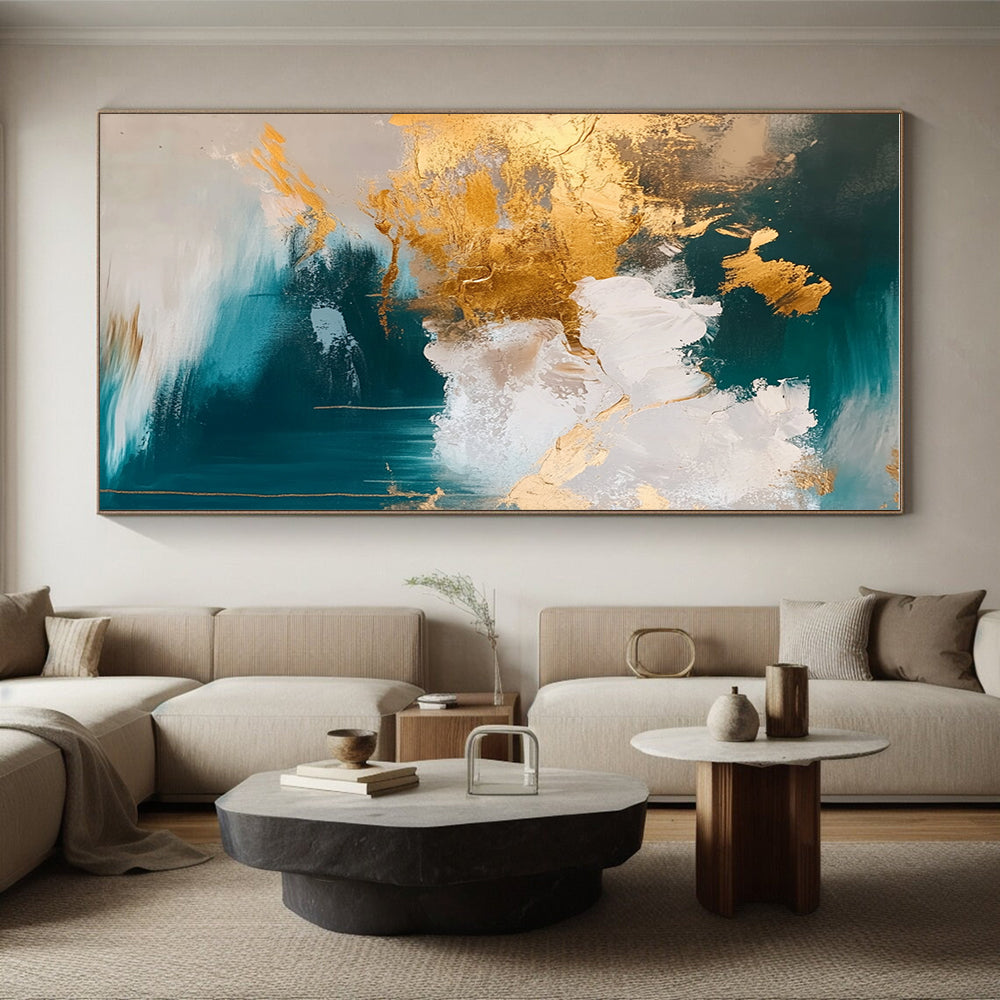 Teal and Gold Abstract Painting with Cloud - like Textures GER630