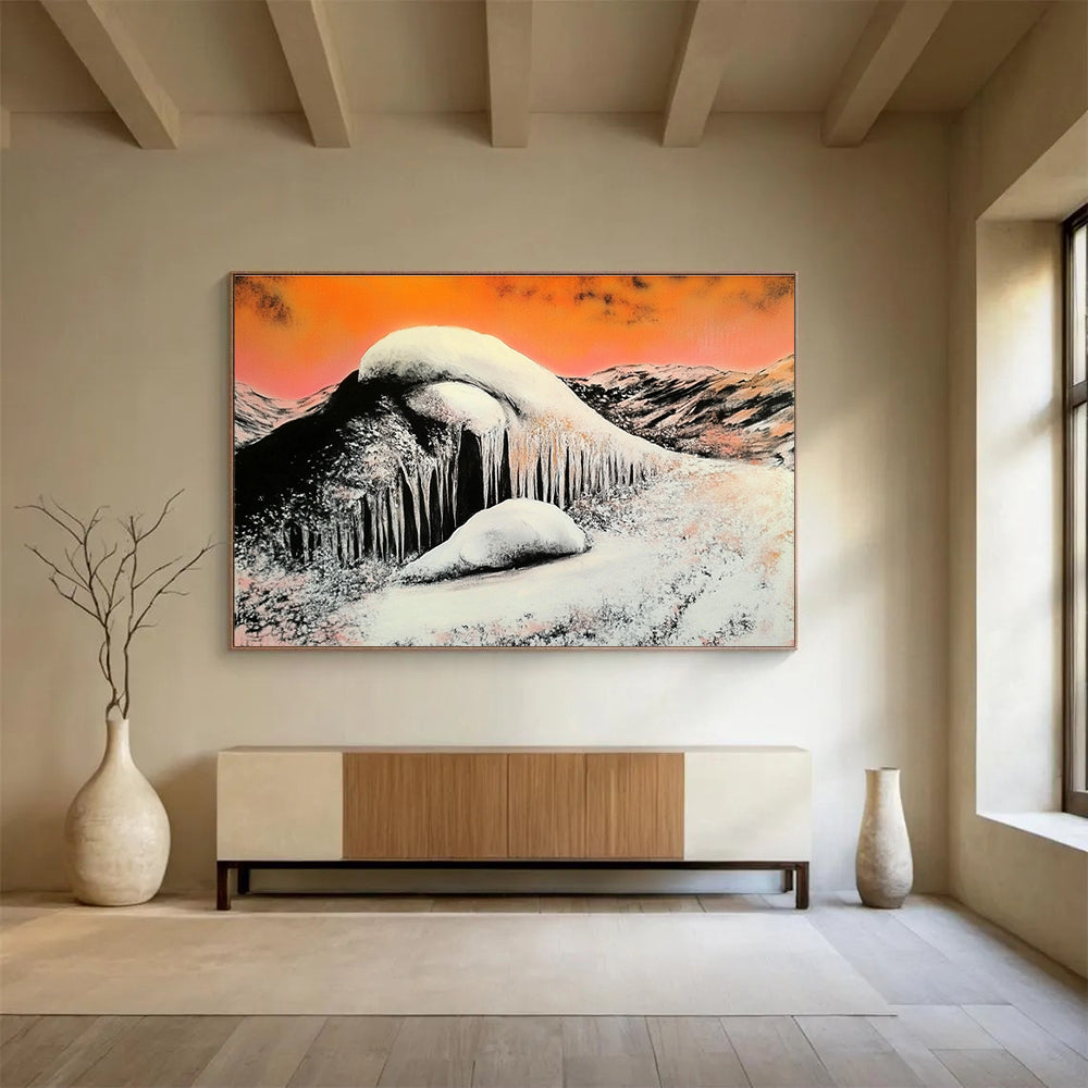 Orange Sky Snowy Mountain Abstract Painting with Icicles DYP160