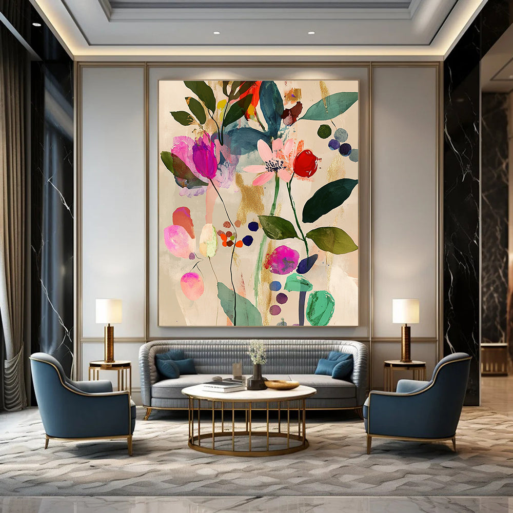Abstract painting featuring pink and green leaves flowers and berries in a Matisse style with watercolor and gold foil on a beige background.STSC043