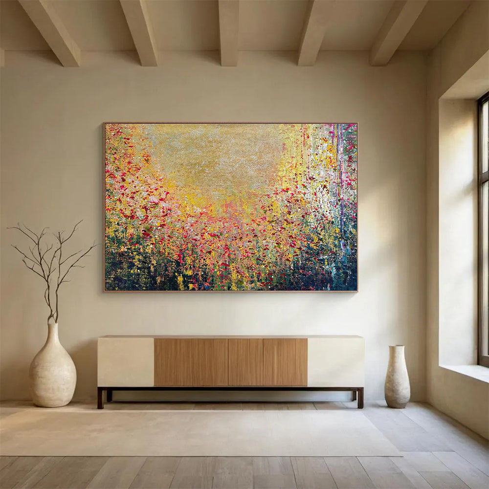Golden Field Abstract Painting with Vibrant Floral Hues THY325