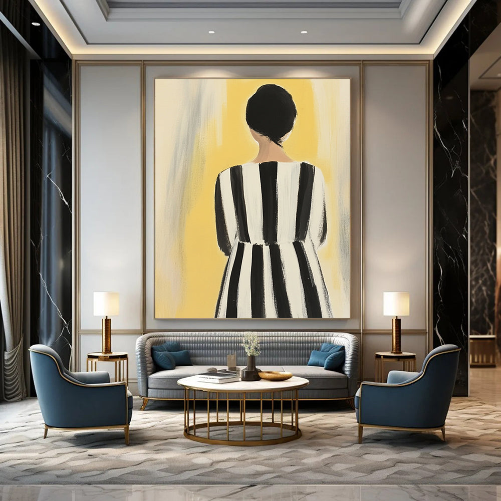 An abstract painting of a woman in a striped dress showcases feminine colors against a soft yellow background with bold black and white stripes.STSC1259