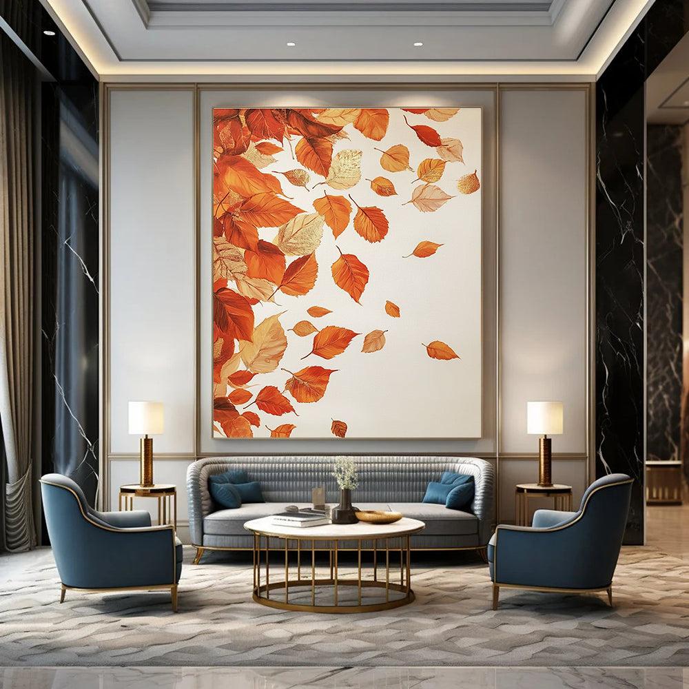 Large abstract painting of falling autumn leaves in Caravaggio style with gold leaf highlights on a white background.STSC1125