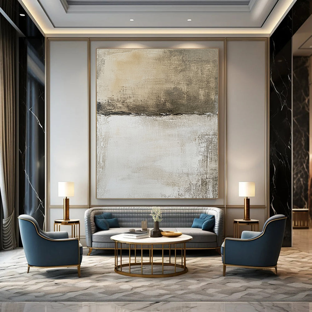 Large abstract painting features a neutral background with faded textures and brown shapes, evoking an aerial view of a landscape.STSC1103