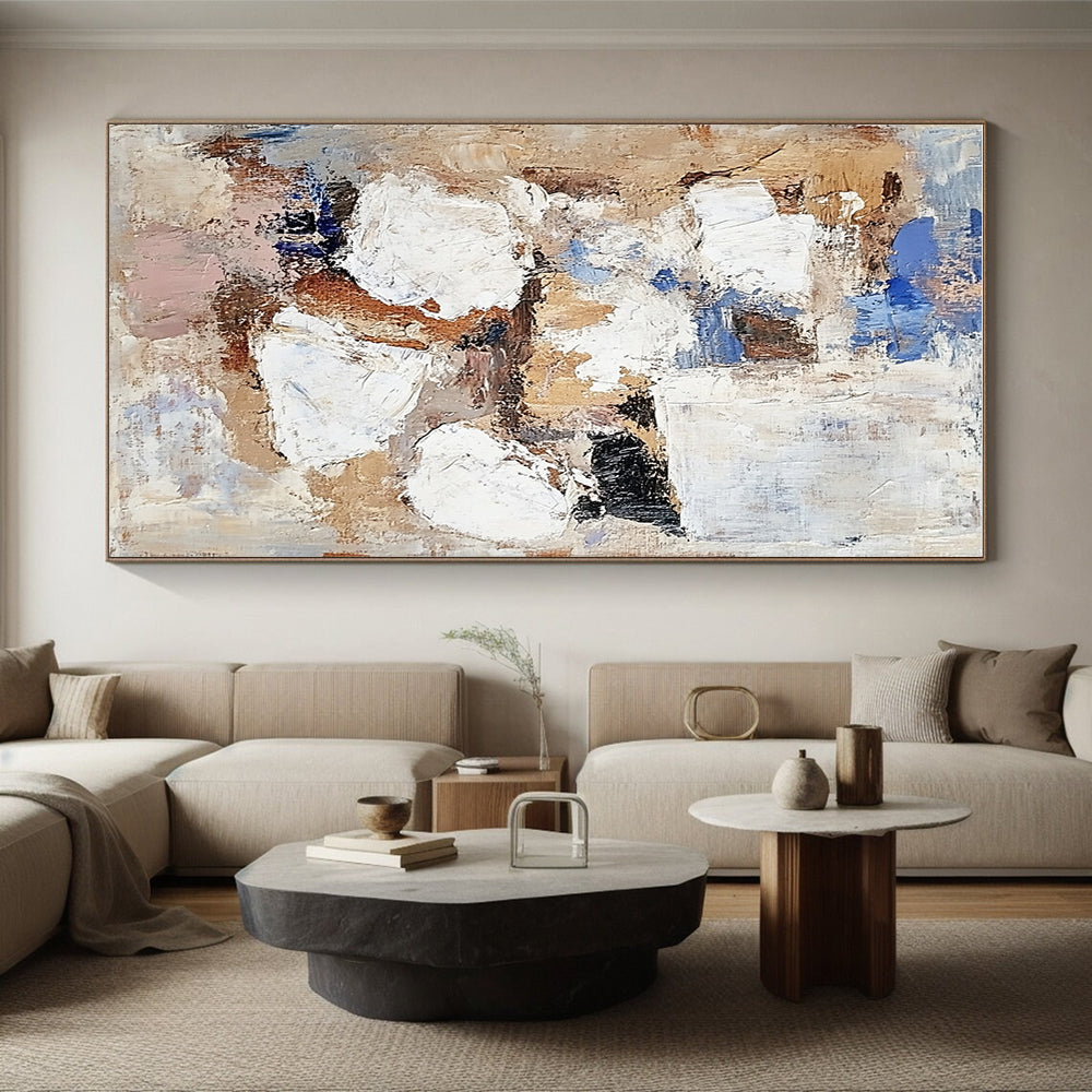 Beige Blue White Abstract Painting with Patchwork Design GER763
