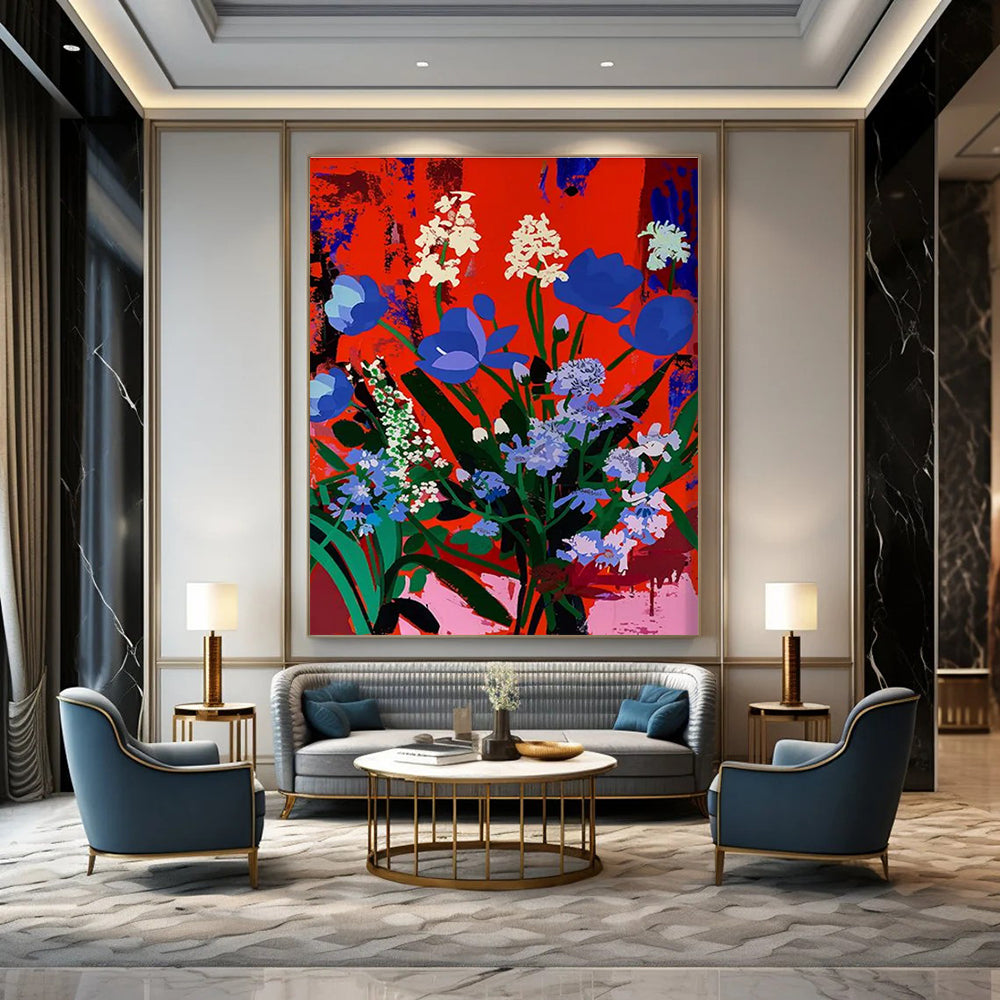 Blue and White Blooms on Red Abstract Flower Painting ADGE101