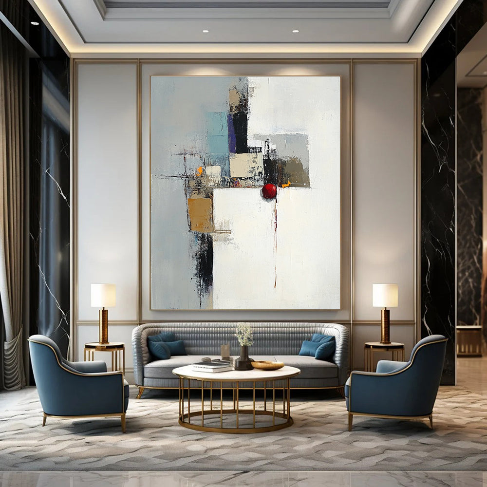 Large abstract painting in white gray and brown featuring a red object with an industrial cityscape in the background and expressive brush strokes.STSC615