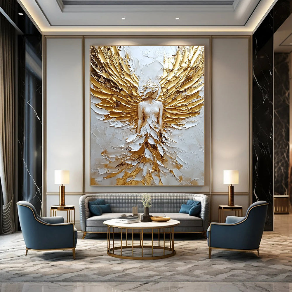 Large abstract painting of an angel with golden wings on textured canvas showcasing a white and gold color palette.STSC142