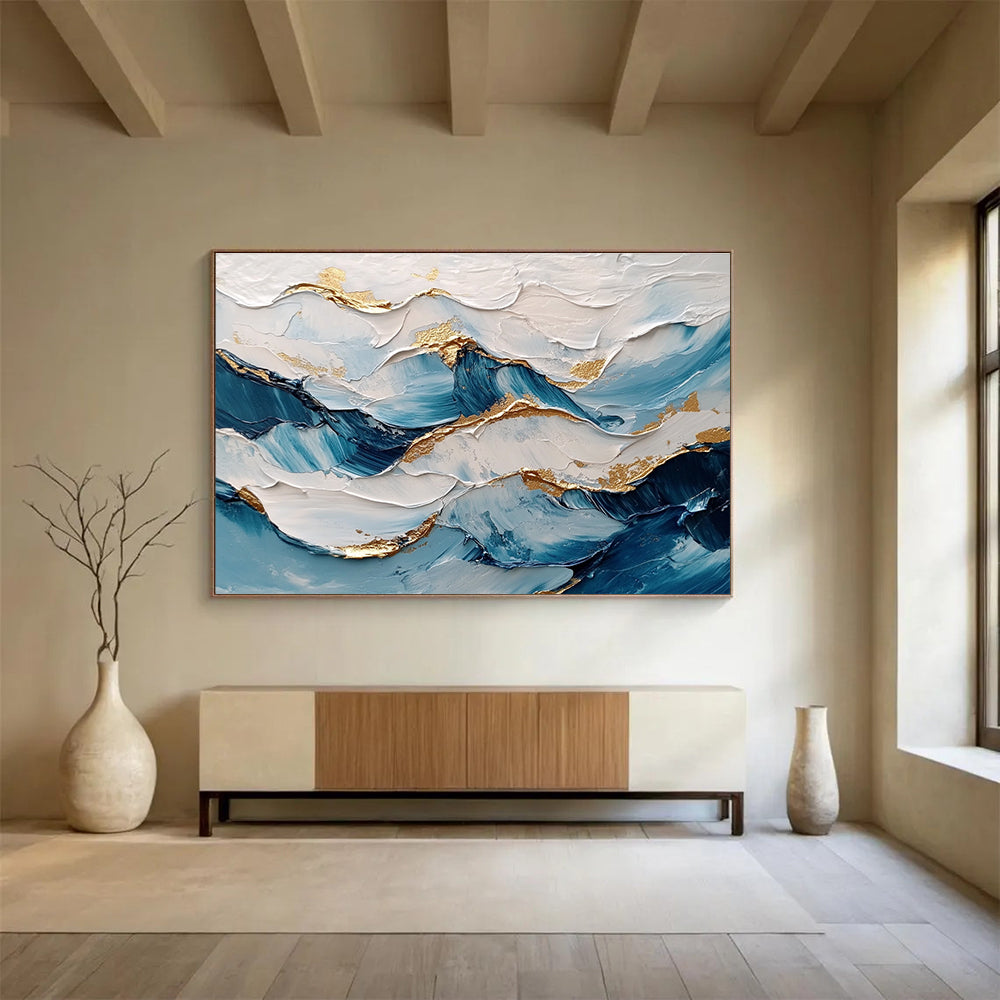Wave - like Blue White Gold Abstract Painting with Metallic Accents DYP261