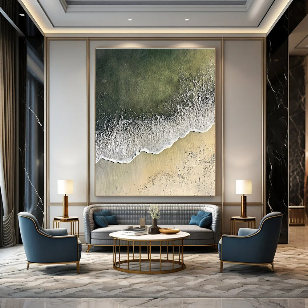 Abstract painting depicting a serene coastal scene with gentle waves and soft sandy textures, blending white and gray with distant green sea hues.STSC1431