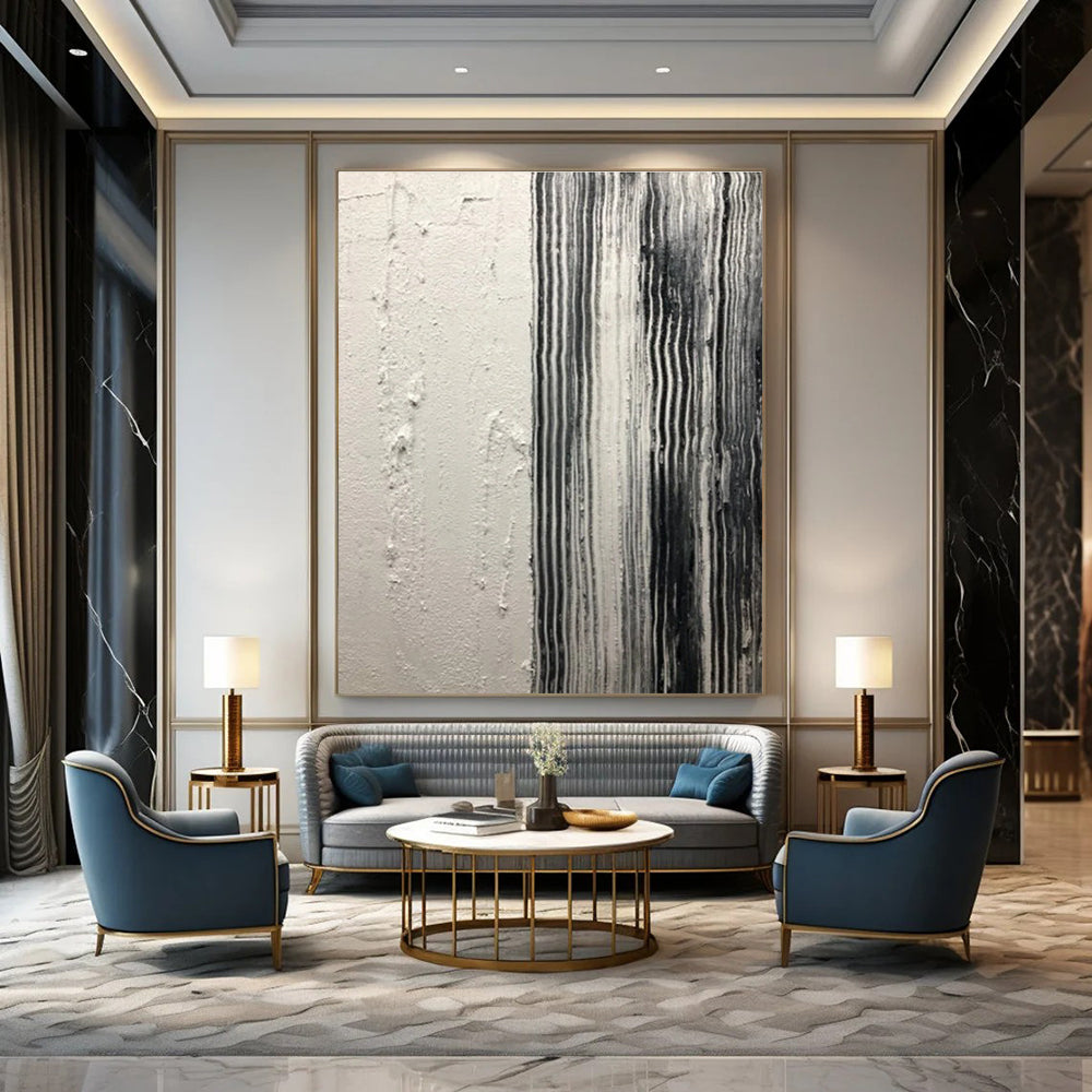 Black and White Striped Textured Abstract Painting ADGE382