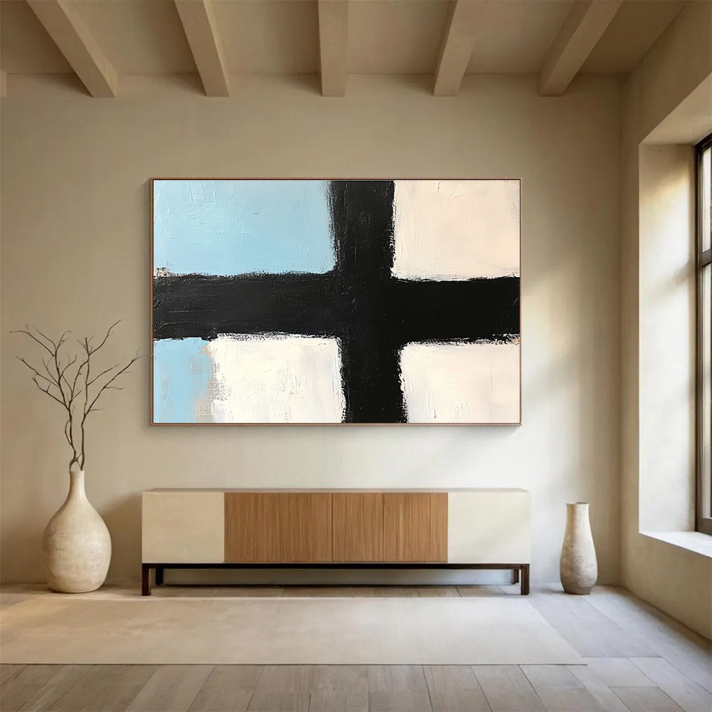 Blue White Black Geometric Abstract Painting with Clean Lines DYP309