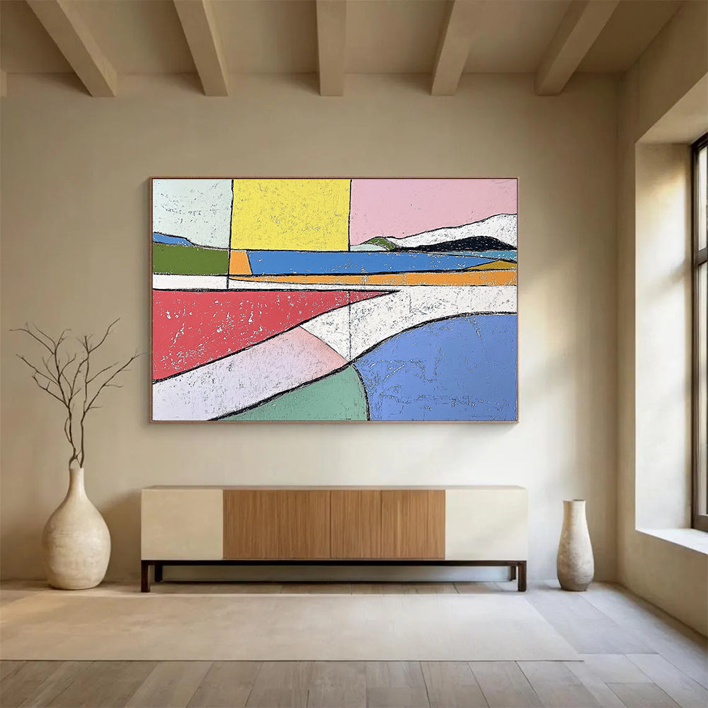Large abstract painting in pastel colors featuring bold shapes and minimalistic design inspired by Etel Adnan and Henri Matisse.SC061