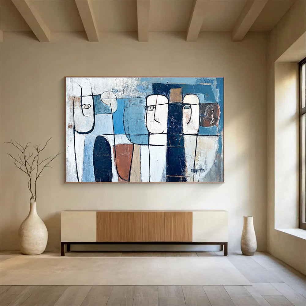Geometric Faces Abstract Painting with Blue and Earthy Tones DYP348