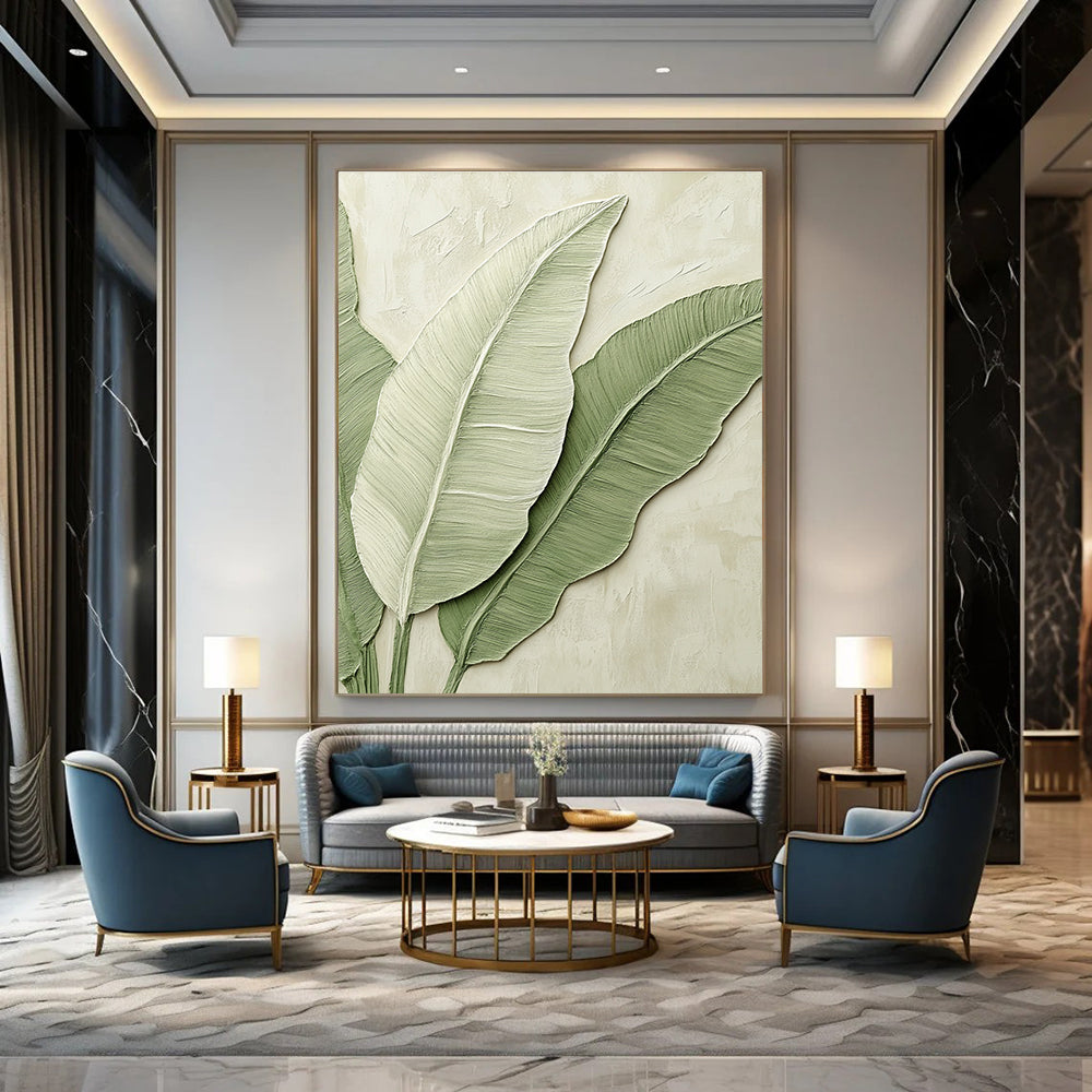 A large abstract painting of banana leaves in light green tones on a beige background, perfect for enhancing any modern space.STSC002