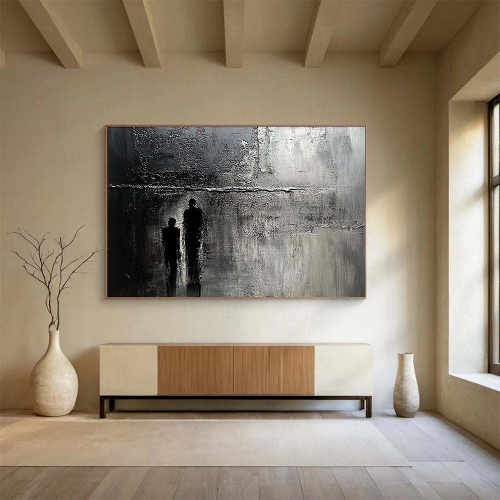 Abstract painting of an old textured wall with cracks and stains, featuring a faint silhouette, evoking mystery and deep emotion.SC446