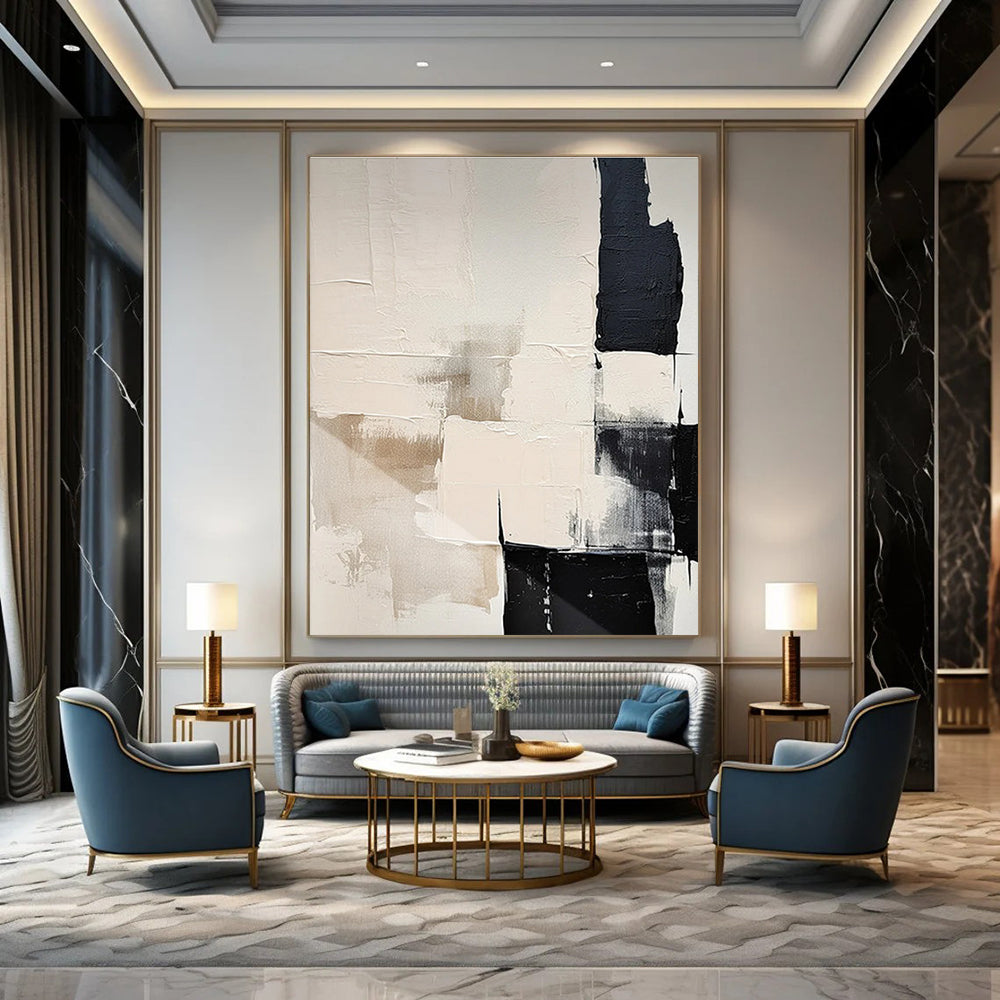 Beige and Black Textured Abstract Painting for Warm Interiors ADGE056