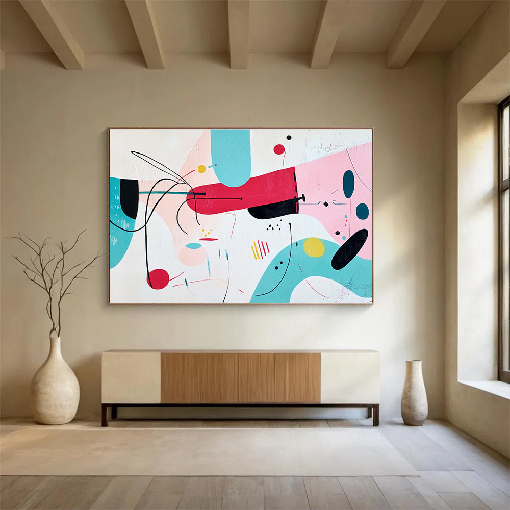 Large abstract painting featuring whimsical pink shapes with black outlines and colorful accents on a white background.SC187