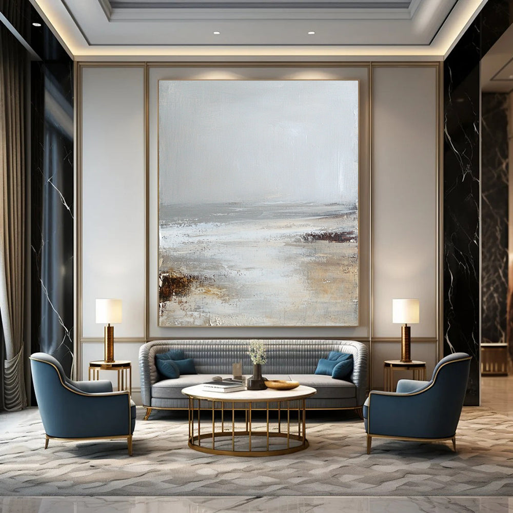 Large abstract painting in soft neutrals of white and gray evokes a calming misty beach atmosphere for serene spaces.STSC232