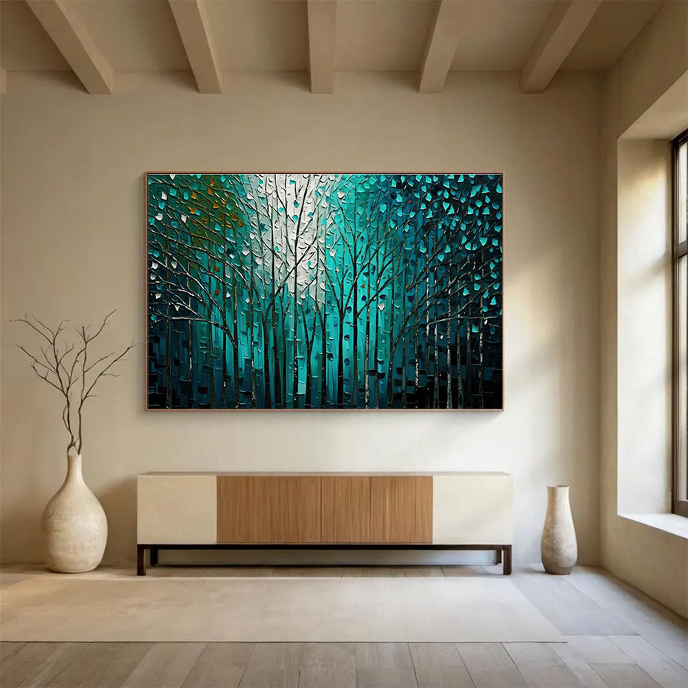 Teal Forest Abstract Painting with Intricate Tree Patterns THY311