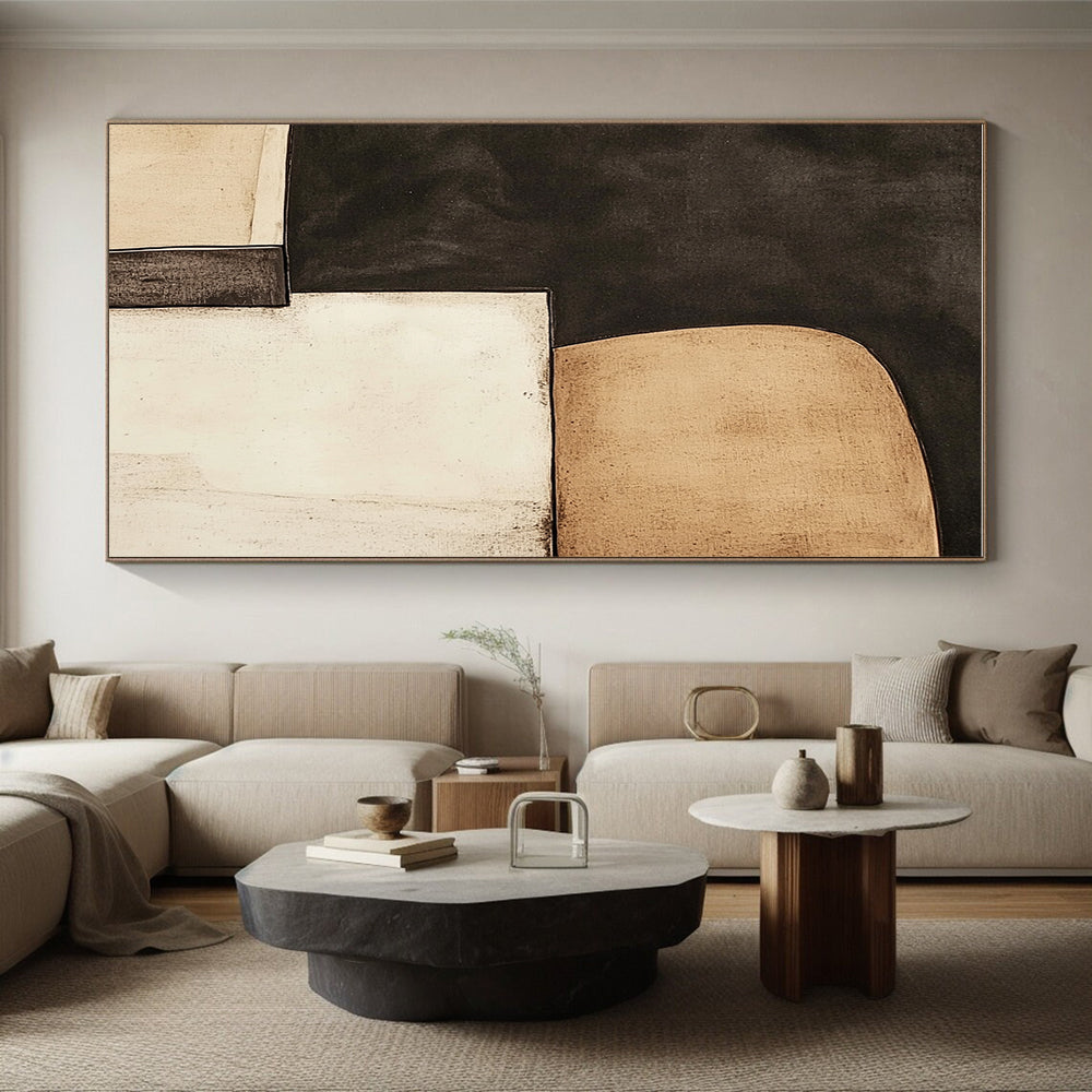 Black and Beige Abstract Painting with Minimalist Forms GER057
