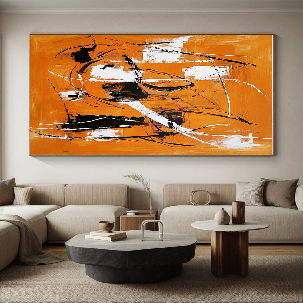 Orange and Black Abstract Painting with Energetic Line Work GER659