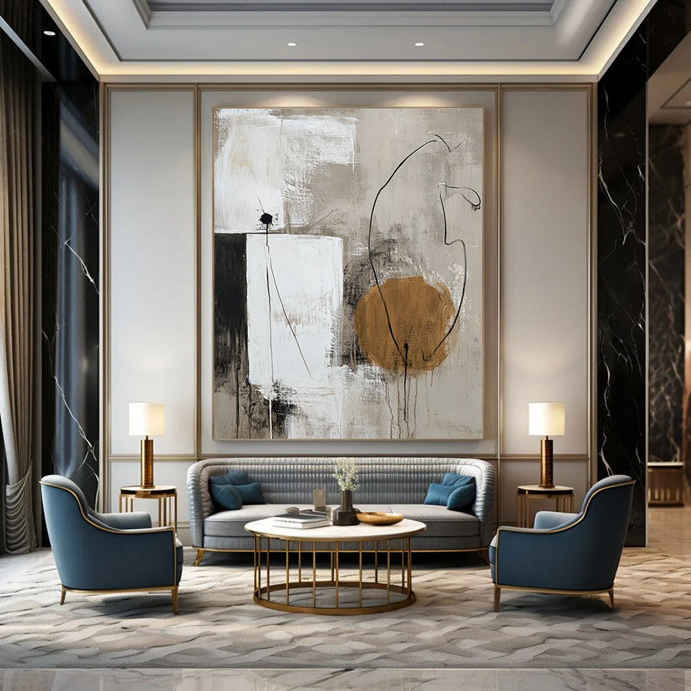 Large abstract painting in neutral tones featuring white shapes and a single accent color for a minimalistic touch.STSC777