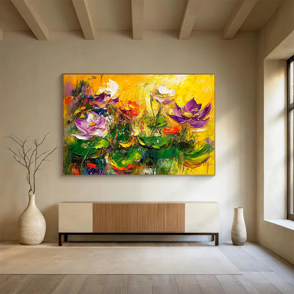 Large abstract painting featuring lotus flowers in green and purple on a yellow background with thick brush strokes and vibrant colors.SC195