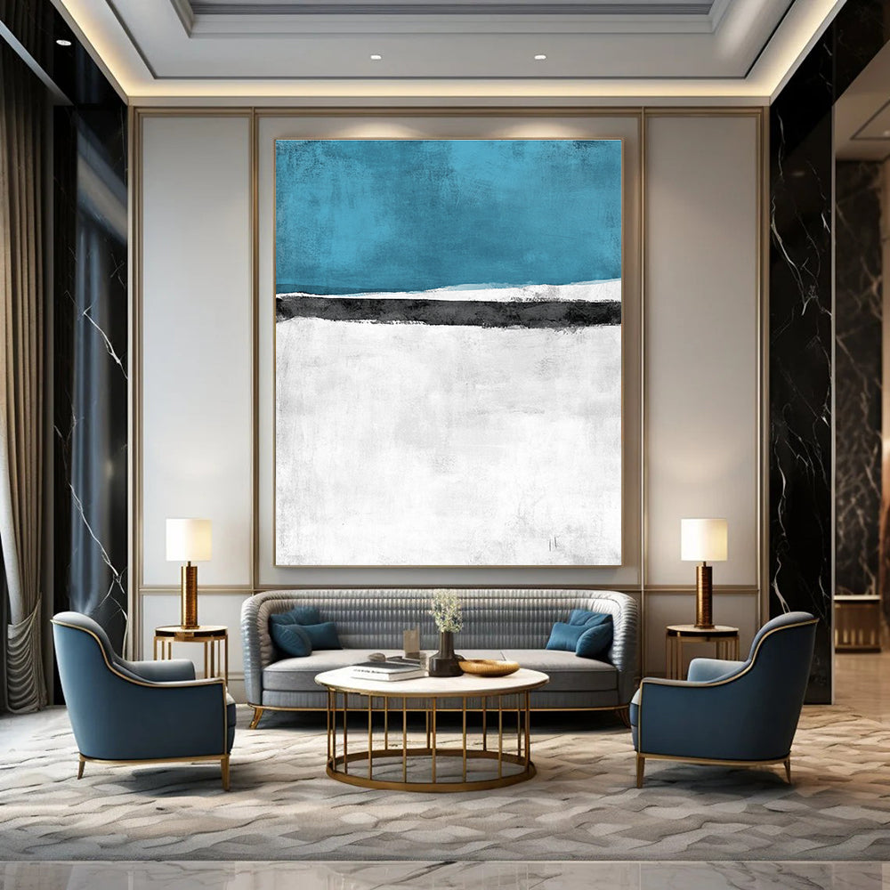 Large Abstract Landscape Painting Featuring a Snowy Field with Sea and Sky in an Elegant Minimalist Watercolor Style.STSC523