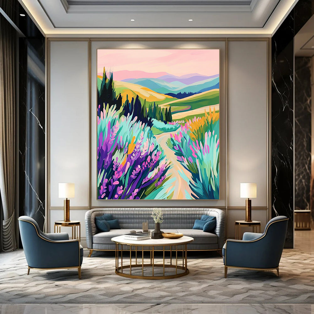 A large abstract painting featuring vibrant rolling hills lavender fields and a pastel sky with playful brushstrokes that create a serene lively atmosphere.STSC1224