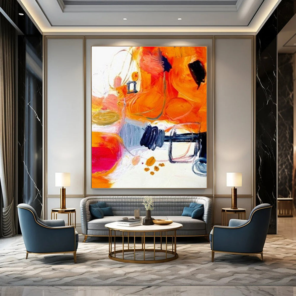 Vibrant Orange Abstract Painting with Mixed Shapes ADGE272