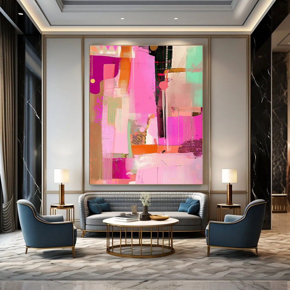 Large abstract artwork featuring pink tones with a collage of lines and shapes that adds a unique flair to any space.STSC525