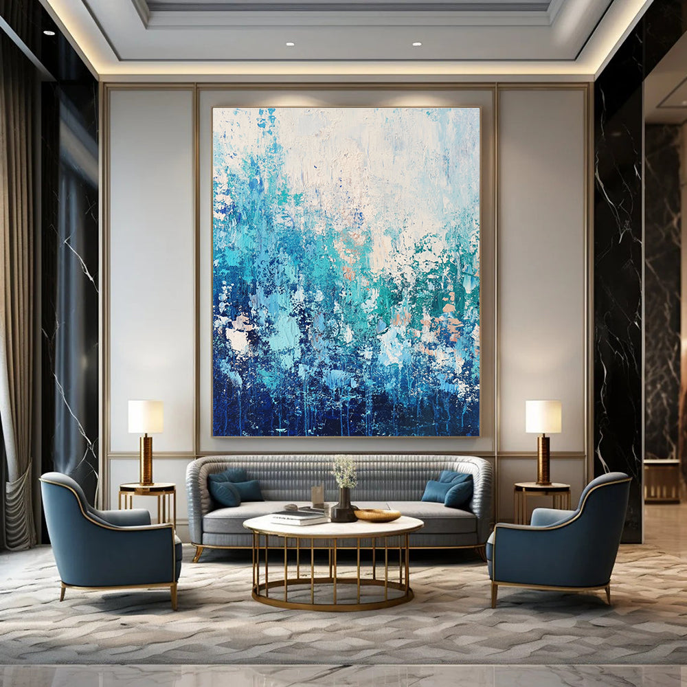 Large abstract painting featuring water and sky-inspired colors with a paint-dripping technique that evokes movement and depth.STSC452