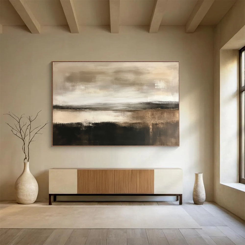Large abstract landscape in neutral tones of beige and white with a neutral sky and hints of brown dark grey and black.SC067