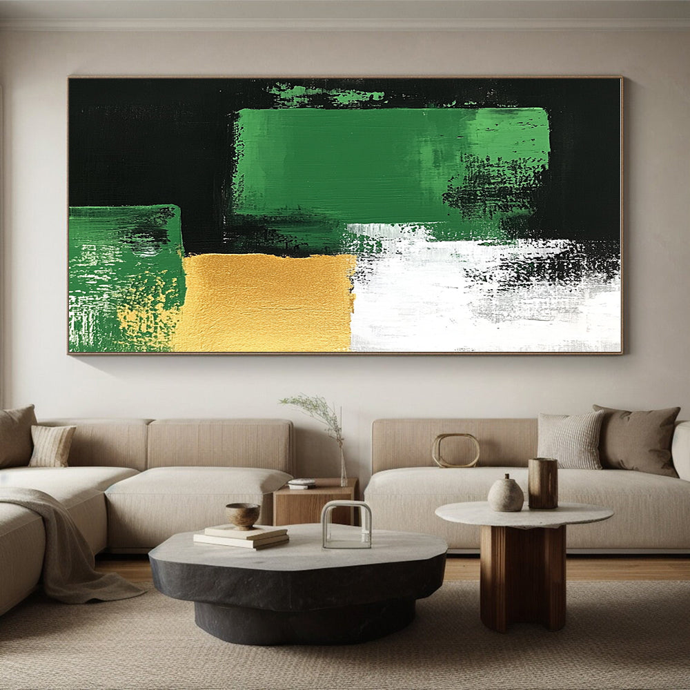 Green Gold and Black Abstract Painting with Bold Geometry GER678