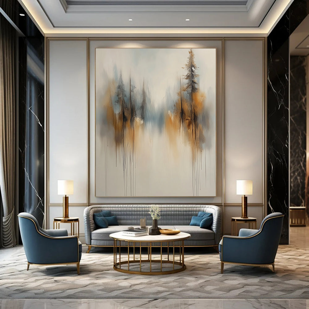 Large abstract painting of soft white and grey trees with brown and blue accents featuring a smoke-like background and blurred edges.STSC710