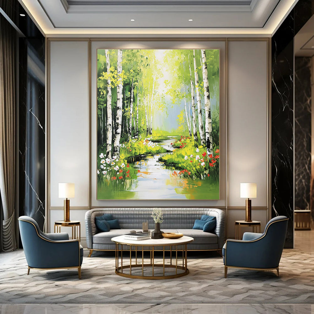 Large abstract painting of serene birch trees flowers and sunlight streaming through leaves in vibrant colors and bold brushstrokes.STSC897
