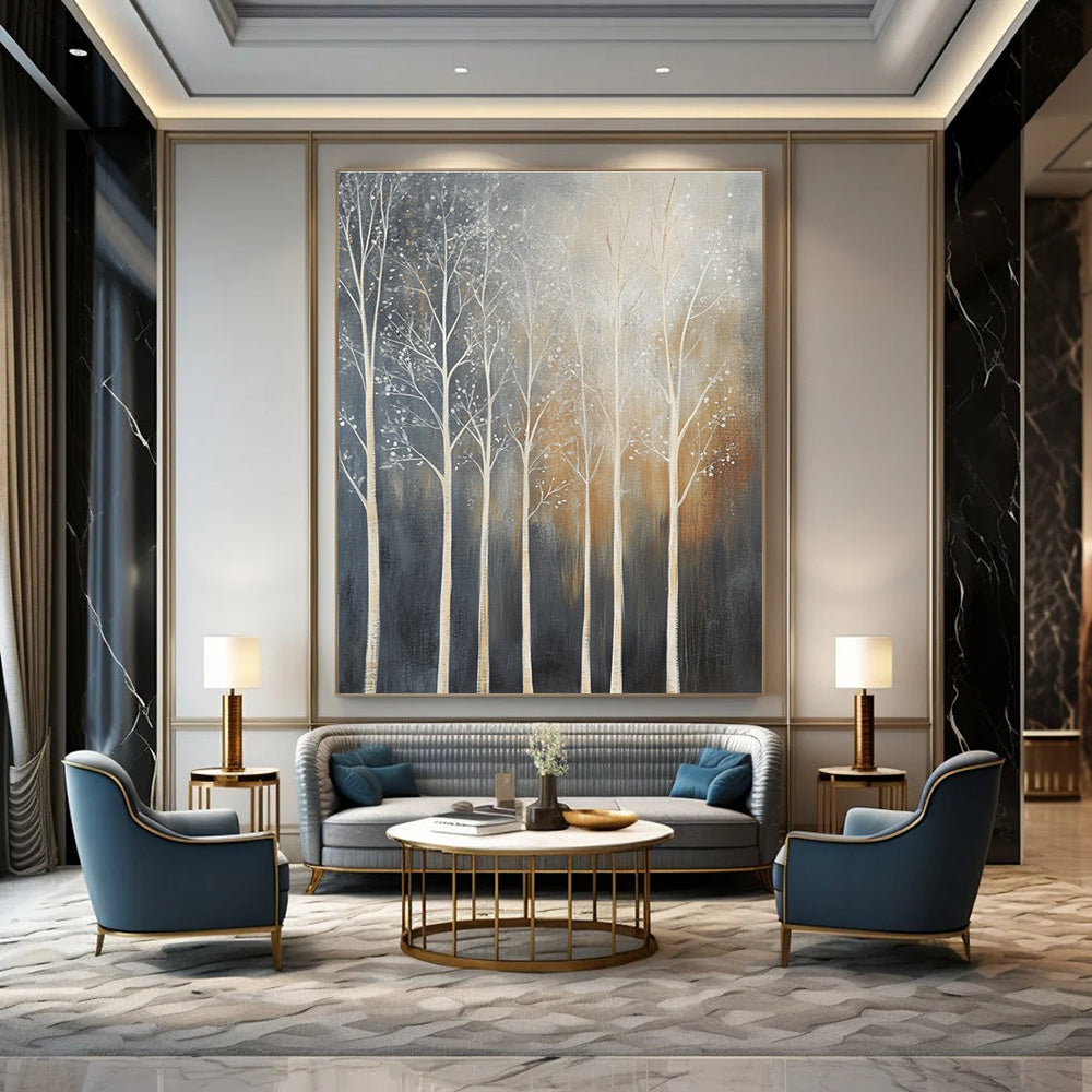 Large abstract painting of trees with white branches set against a dark gray background featuring muted tones and low contrast.STSC354