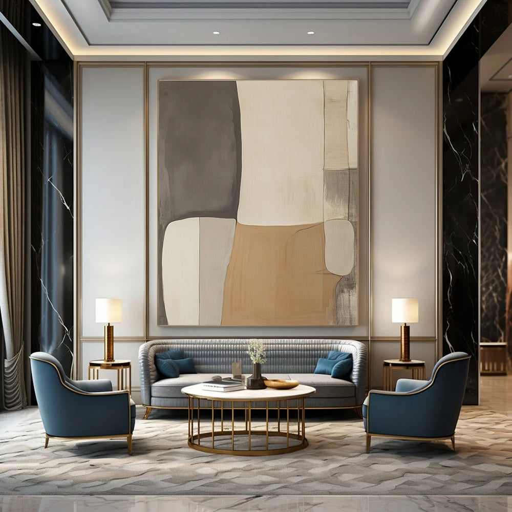 Large abstract artwork in shades of gray beige and white featuring minimalist design in a style reminiscent of Pablo Picasso.STSC478