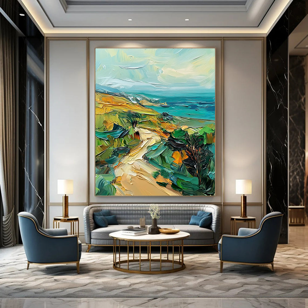 Large abstract painting featuring green hills and teal sea using palette knife technique on canvas with rich texture and vibrant colors.STSC082