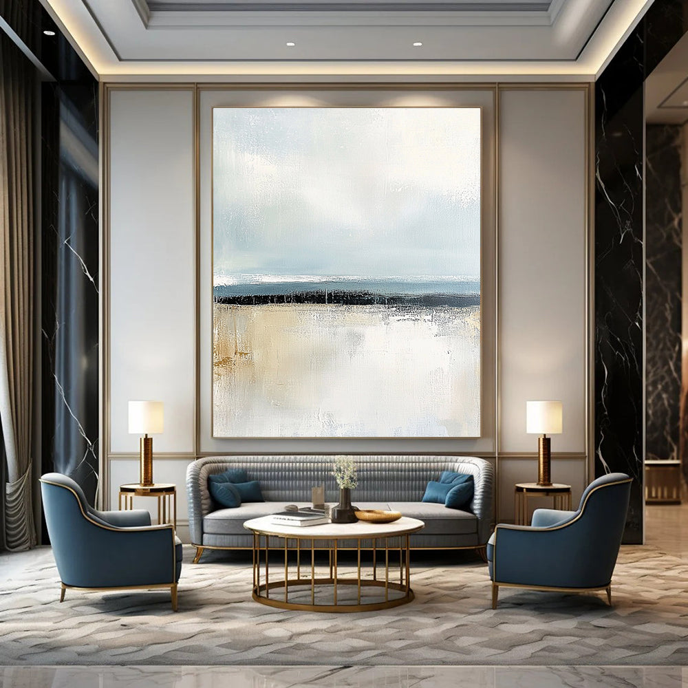 Large abstract painting with soft pastel colors and textured surface capturing serene coastal waters at dawn or dusk for emotional impact.STSC045